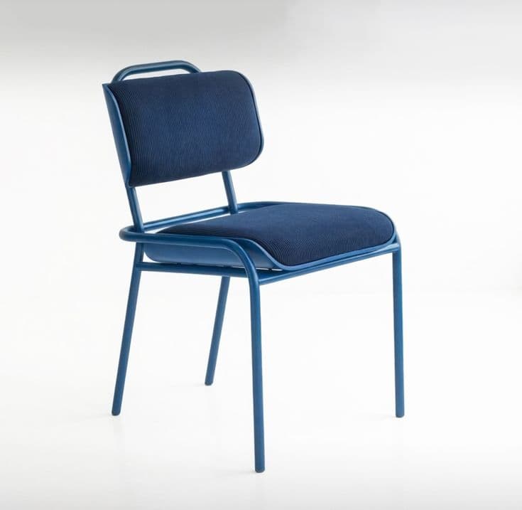 A contemporary dining chair featuring a tubular metal frame with a matte blue finish, complemented by a padded seat and backrest upholstered in a ribbed blue fabric. The design is minimalist with an integrated handle on the top of the backrest. — 3D model