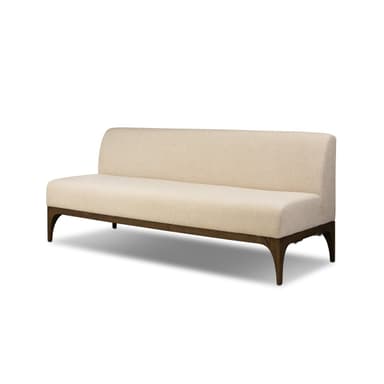 A rectangular bench with a high backrest, upholstered in a textured light beige fabric. The bench is supported by a dark wood frame and four angled legs, two visible at the front and two implied at the back. The design appears modern and minimalist. — 3D model