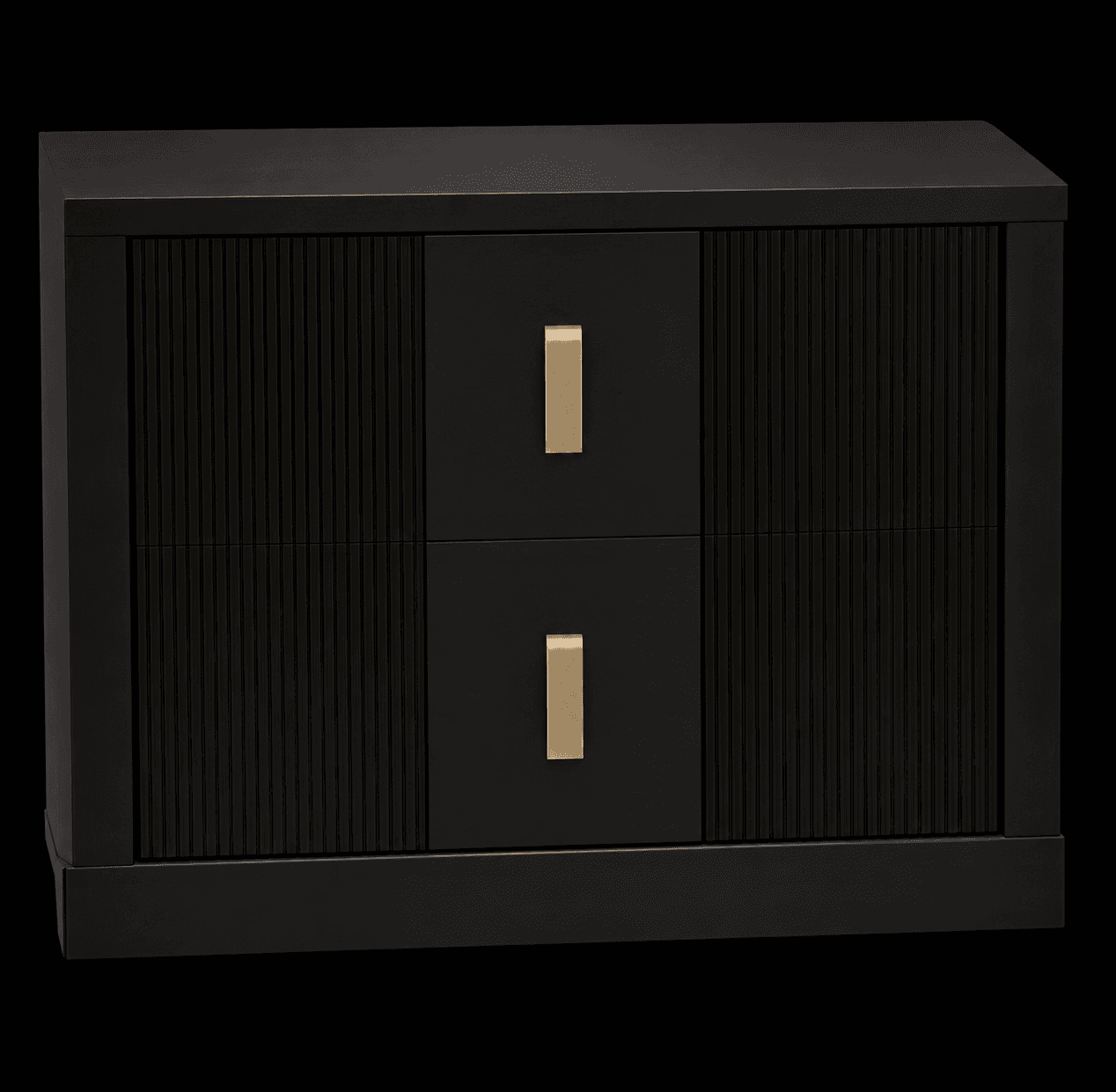 A modern black nightstand featuring two central drawers with brass pulls, flanked by fluted panels on either side. — 3D model