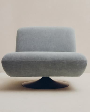 A contemporary swivel lounge chair with a low profile and rounded, organic forms. It features light bluish-grey textured fabric upholstery and sits on a dark, conical swivel base, suggesting modern design and comfort. — 3D model