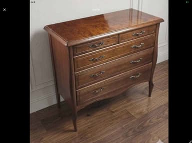 A Baroque-style chest of drawers crafted from rich brown wood, featuring a distinctive burl wood veneer top. The cabinet has a curved front profile with a total of five drawers, two smaller ones at the top and three larger ones below, each adorned with ornate antique brass pull handles. The piece is supported by elegant cabriole-style legs. — 3D model