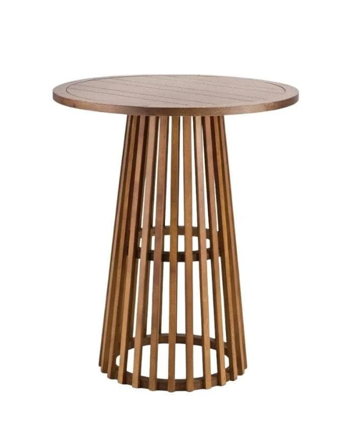 A tall, round wooden bar table featuring a distinctive slatted pedestal base and a solid wood tabletop with a natural finish. — 3D model