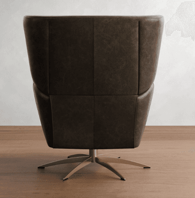 A dark brown leather armchair with a high back and integrated armrests. The chair is mounted on a brushed metal swivel base with four splayed legs, providing a rotational capability. — 3D model