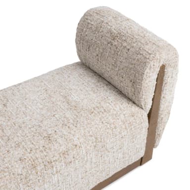 A modern upholstered bench featuring a distinct cylindrical bolster backrest, set on a wooden frame. — 3D model