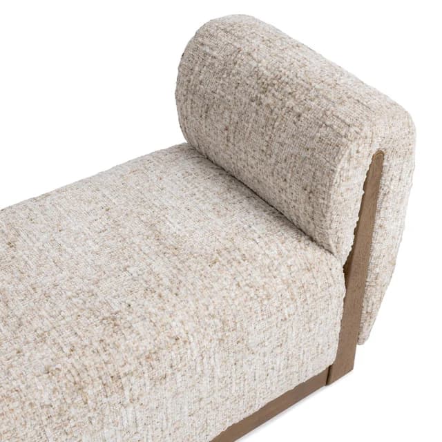 A modern upholstered bench featuring a distinct cylindrical bolster backrest, set on a wooden frame. — 3D model