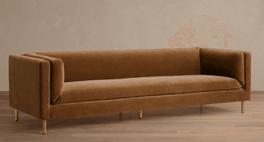 A modern, three-seater sofa with track arms and thin metal legs, upholstered in a brown velvet-like fabric. — 3D model