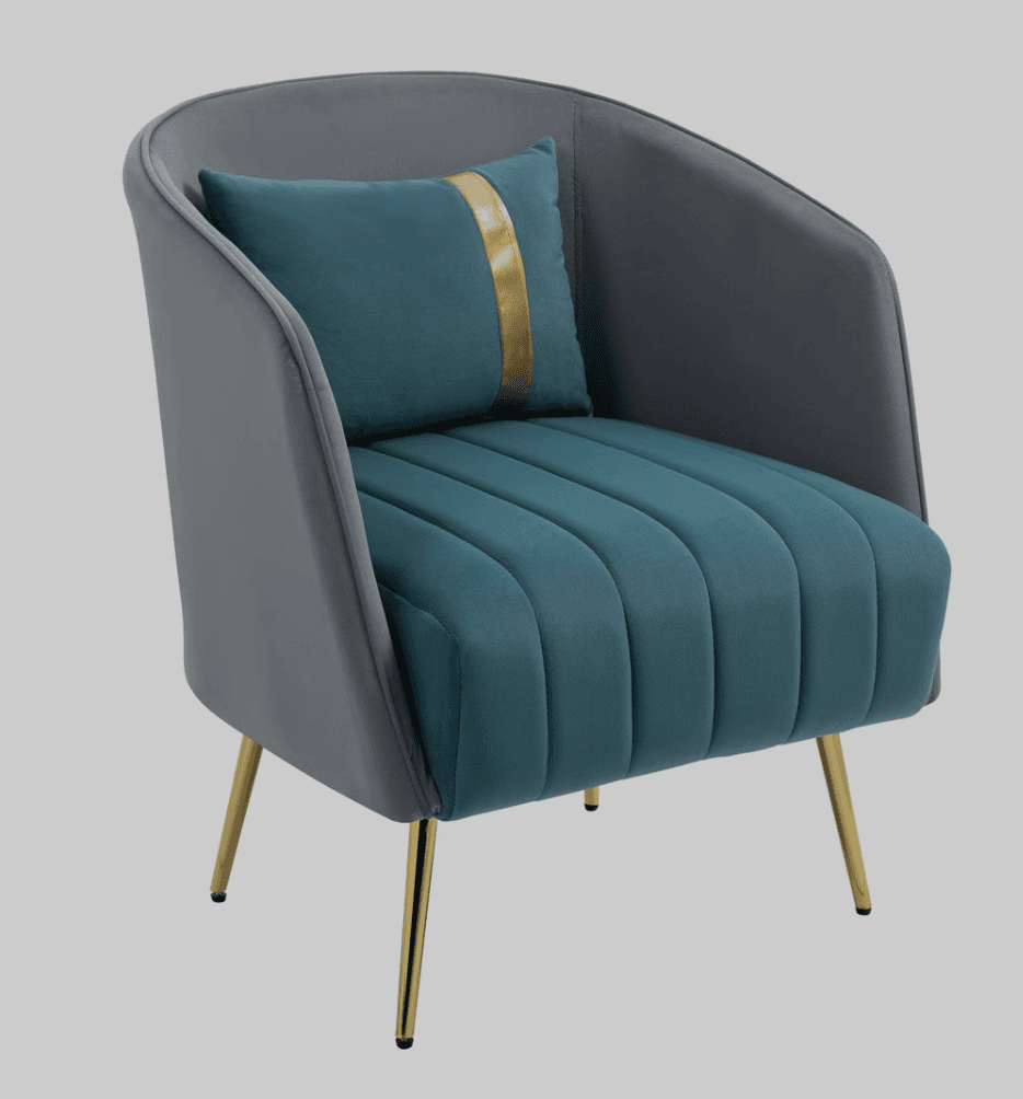 A contemporary accent armchair featuring a barrel-shaped back, two-tone velvet upholstery, channel tufting on the seat, and slender brass-finished metal legs. — 3D model