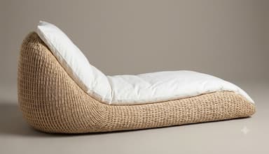 A contemporary chaise lounge featuring a curved, low-profile base meticulously crafted from tightly woven natural fibers, possibly rattan or a synthetic equivalent. It is fitted with a thick, plush white cushion that conforms to the reclining shape of the base, providing a comfortable surface for relaxation. The design suggests a blend of natural textures with a modern aesthetic. — 3D model