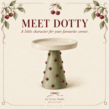 A small pedestal accent table featuring a conical, olive-green base adorned with numerous round, red spherical accents. The base supports a round, tray-like tabletop with a raised lip, finished in a natural light wood or composite material. — 3D model
