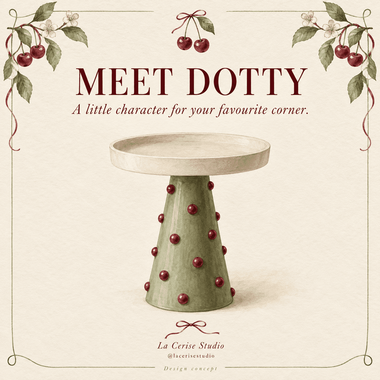 A small pedestal accent table featuring a conical, olive-green base adorned with numerous round, red spherical accents. The base supports a round, tray-like tabletop with a raised lip, finished in a natural light wood or composite material. — 3D model