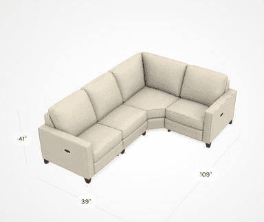 An L-shaped reclining sectional sofa upholstered in a light beige, textured fabric. The sofa features a modular design with multiple sections, including a corner piece and end pieces with block arms. Each end piece includes an integrated recliner control, suggesting a manual reclining mechanism. The cushions are structured with clean lines, and visible stitching outlines the edges of the sofa components. It rests on dark, tapered wooden feet. — 3D model