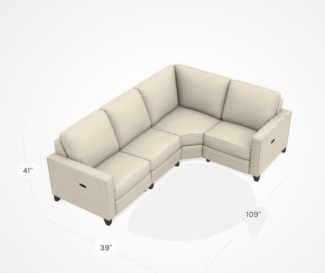 An L-shaped reclining sectional sofa upholstered in a light beige, textured fabric. The sofa features a modular design with multiple sections, including a corner piece and end pieces with block arms. Each end piece includes an integrated recliner control, suggesting a manual reclining mechanism. The cushions are structured with clean lines, and visible stitching outlines the edges of the sofa components. It rests on dark, tapered wooden feet. — 3D model