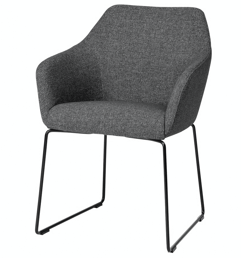 An upholstered armchair featuring a gray textured fabric and a minimalist black metal sled base. The seat and backrest are integrated, forming a continuous, curved shell with built-in armrests. The design is contemporary and clean-lined. — 3D model