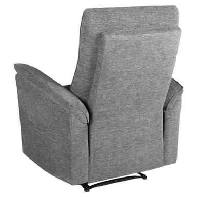 A modern grey fabric recliner chair, shown from the rear three-quarter view, featuring a high back with an articulated headrest and integrated armrests, designed for comfort and relaxation. — 3D model