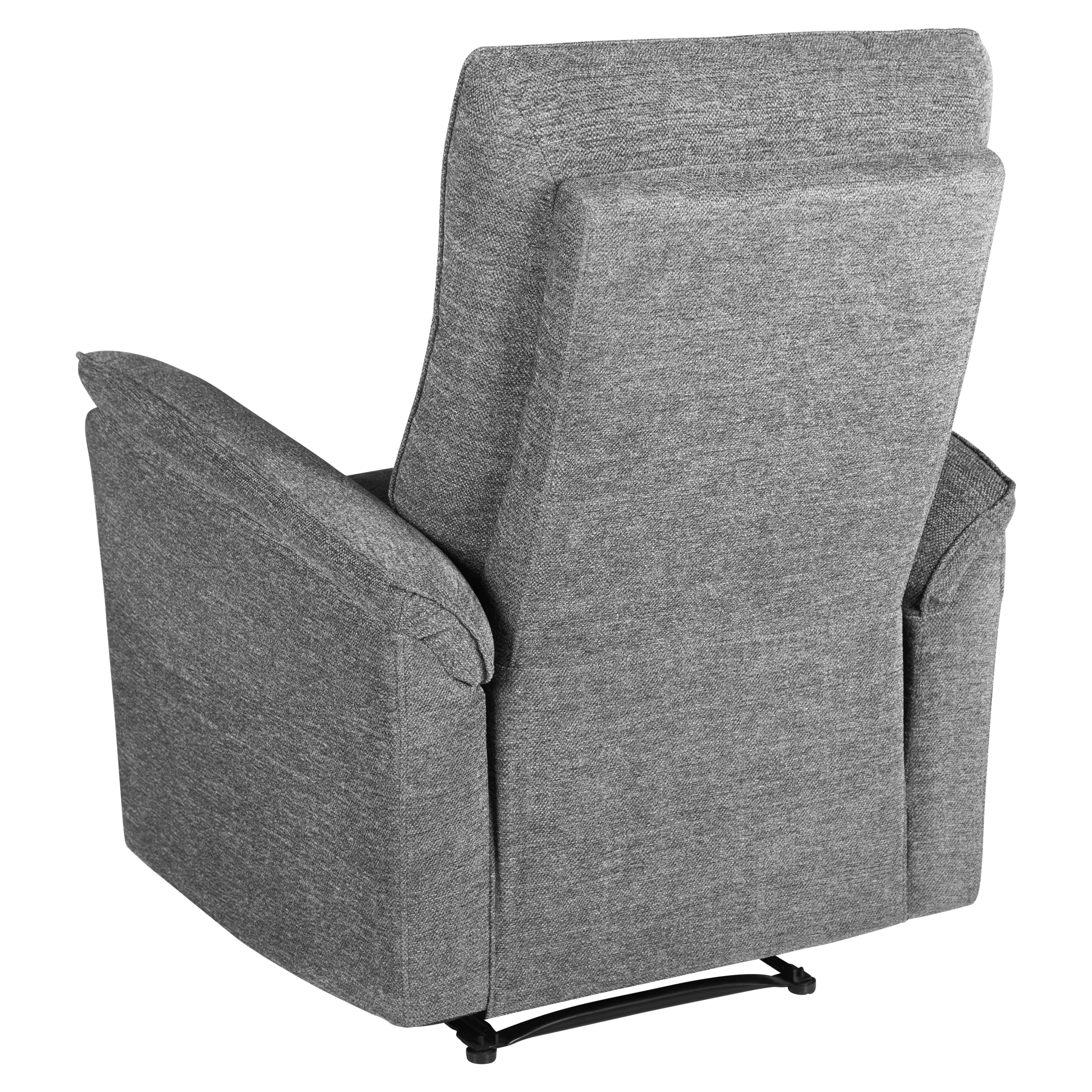 A modern grey fabric recliner chair, shown from the rear three-quarter view, featuring a high back with an articulated headrest and integrated armrests, designed for comfort and relaxation. — 3D model