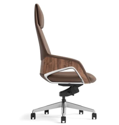 A high-back executive office chair featuring brown leather upholstery, integrated headrest, and distinctive wooden and polished metal accents on the armrests and base. The chair is equipped with a five-star swivel base and casters for mobility. — 3D model