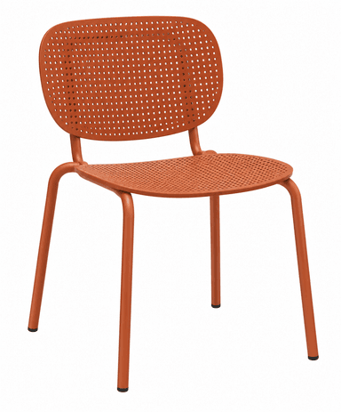 An armless modern dining chair constructed entirely from terracotta orange powder-coated metal. The seat and backrest feature a distinctive perforated pattern of small circular holes. The chair has a slightly curved back and four straight tubular legs, capped with black glides, suggesting a durable and stackable design suitable for indoor or outdoor use. — 3D model