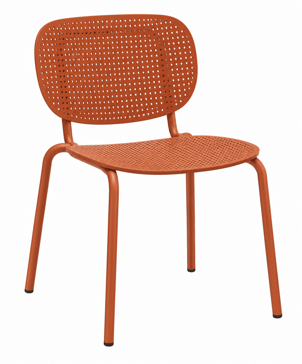 An armless modern dining chair constructed entirely from terracotta orange powder-coated metal. The seat and backrest feature a distinctive perforated pattern of small circular holes. The chair has a slightly curved back and four straight tubular legs, capped with black glides, suggesting a durable and stackable design suitable for indoor or outdoor use. — 3D model