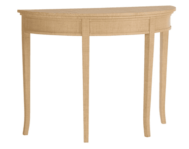 A contemporary demilune console table featuring a semi-circular top and a matching apron, all meticulously covered in natural grasscloth. It stands on four slender, gently tapered legs, with the two outer legs exhibiting a subtle curve towards the base. The light-colored, textured finish gives the piece an organic and refined appearance, suitable for various interior styles. — 3D model