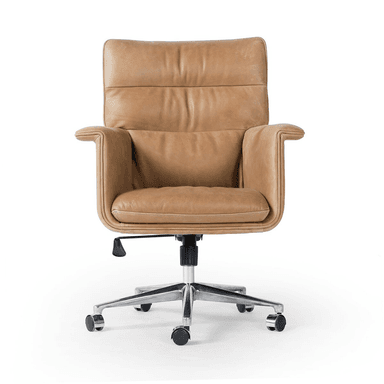 A tan upholstered office chair with a high back, padded armrests, and a chrome five-star base with casters, designed for executive use. — 3D model