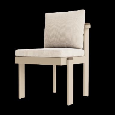 A contemporary armchair with a rectilinear metal frame in a light beige finish, featuring thick upholstered seat and back cushions in a textured off-white fabric. — 3D model