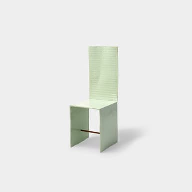 A minimalist chair with a high, straight back and a solid seat. The chair appears to be constructed from a moldable material, possibly resin or fiberglass, with a matte finish. It has a unique, almost monolithic form, with the seat and back merging seamlessly into the legs. A dark rod or dowel connects the two front legs, providing structural support. The overall aesthetic is simple and modern. — 3D model