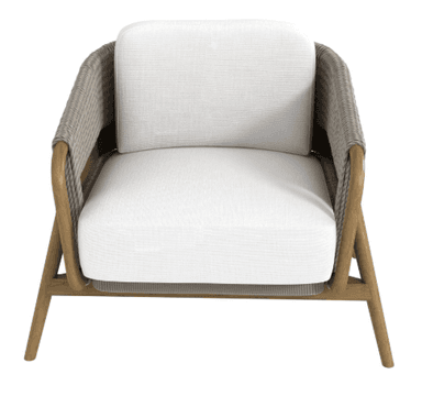A contemporary lounge chair featuring an open wooden frame, woven rope back and sides, and thick white fabric cushions. — 3D model