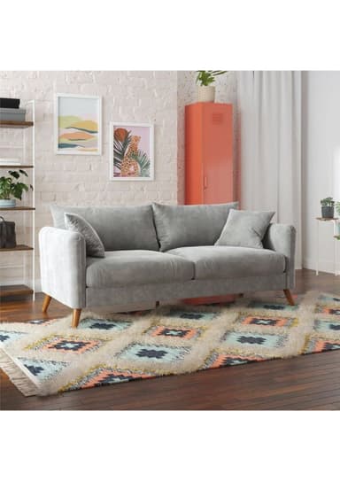 A modern two-seater loveseat, upholstered in a light grey fabric, featuring two plush seat cushions, two generous back cushions, and two smaller decorative throw pillows. It has straight, integrated arms and stands on four slender, tapered wooden legs, contributing to a contemporary and airy aesthetic. — 3D model