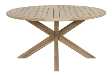 A round dining table made of natural teak wood, featuring a slatted top and an X-shaped pedestal base. — 3D model