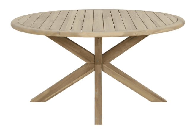 A round dining table made of natural teak wood, featuring a slatted top and an X-shaped pedestal base. — 3D model