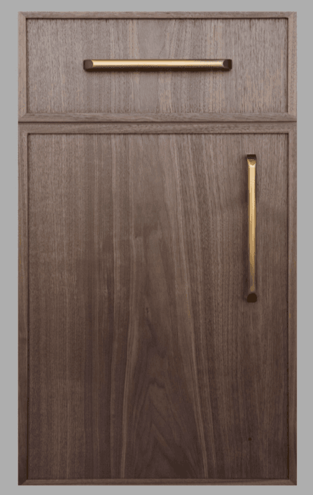A modern dark walnut wood cabinet unit featuring a top drawer and a lower cabinet door. Both sections are equipped with sleek, cylindrical brass-finish pull handles. The wood exhibits a rich, dark brown color with a prominent grain pattern. The design is minimalist with clean lines and a framed panel aesthetic on the front surfaces. — 3D model