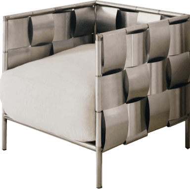 A modern lounge chair featuring a silver-grey metal frame with woven metallic side and back panels, paired with a thick white upholstered seat cushion. — 3D model