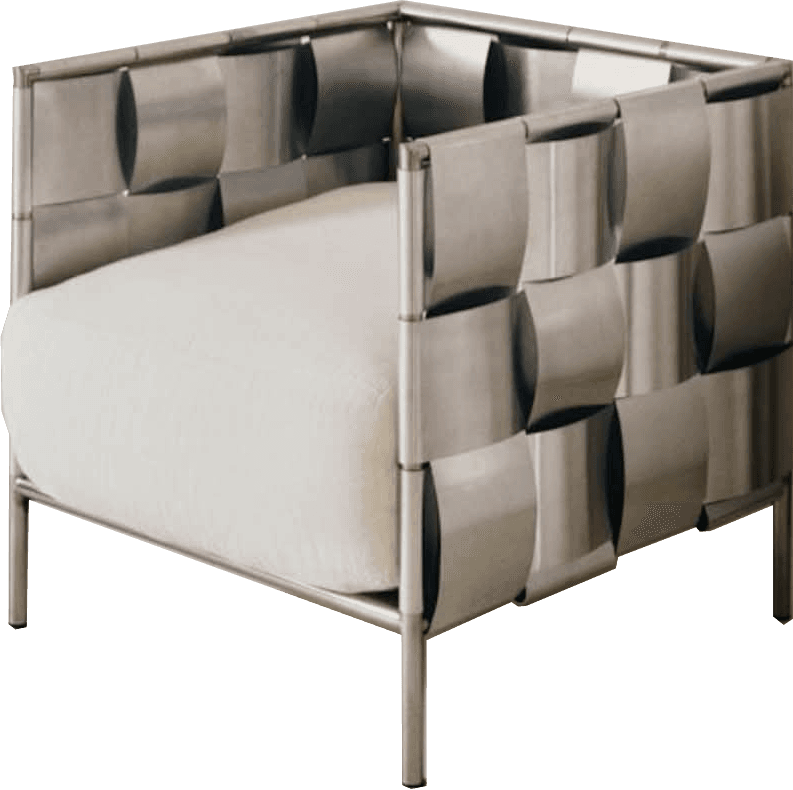 A modern lounge chair featuring a silver-grey metal frame with woven metallic side and back panels, paired with a thick white upholstered seat cushion. — 3D model
