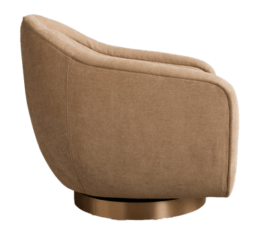 A barrel-shaped armchair with a swivel base. The chair features a fully upholstered body with a rounded backrest that curves into the armrests. A separate seat cushion provides comfort. The base is a circular, metallic swivel plate. — 3D model