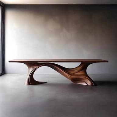 A long, rectangular table featuring a smooth, dark-grained wooden top supported by a uniquely sculpted wooden base. The base is composed of organic, flowing curves that provide a stable yet artistic foundation for the tabletop. The overall aesthetic is modern and sophisticated. — 3D model
