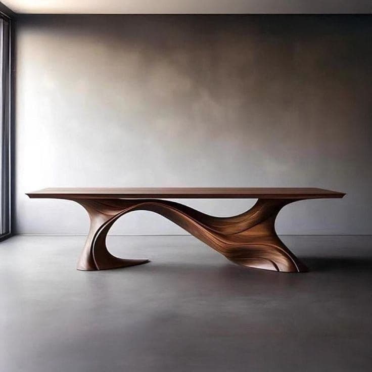 A long, rectangular table featuring a smooth, dark-grained wooden top supported by a uniquely sculpted wooden base. The base is composed of organic, flowing curves that provide a stable yet artistic foundation for the tabletop. The overall aesthetic is modern and sophisticated. — 3D model