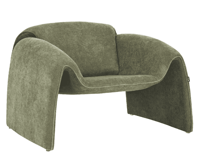 A contemporary armchair with a distinctive, organic, and flowing design. The armchair features a unified structure where the armrests, backrest, and seat are integrated into a continuous form. The base consists of two wide, curved legs that extend downwards and forwards, creating a unique silhouette. The upholstery has a textured appearance. — 3D model