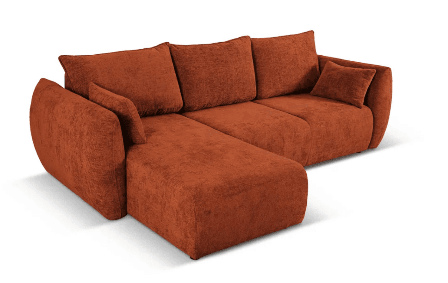 An L-shaped sectional sofa upholstered in a textured, burnt orange or terracotta fabric, featuring an integrated chaise lounge on the left side. The design includes plush, loose back cushions and small accent pillows, complemented by subtly curved, integrated track arms. — 3D model