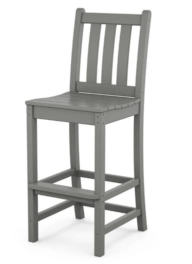 A grey bar stool with a slatted back and a plank-style seat. It features a four-legged design with a horizontal footrest connecting the legs. A small oval emblem is visible on the backrest. — 3D model
