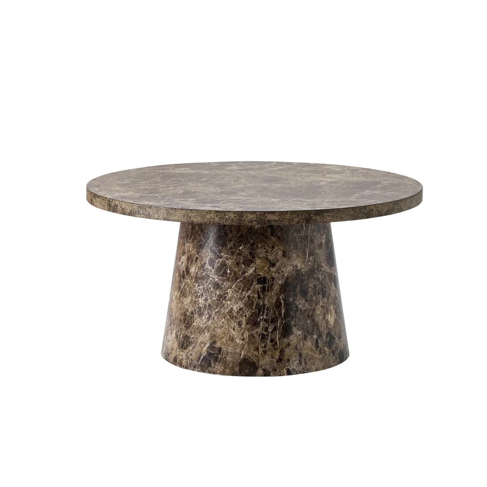 A round coffee table with a single pedestal base. The tabletop is circular and flat, while the base is conical, tapering from the tabletop to the floor. The entire piece appears to be constructed from or veneered with marble exhibiting a dark brown and cream veining pattern. — 3D model