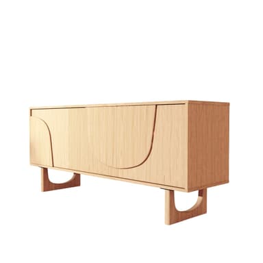 A modern, light-toned wooden sideboard featuring four cabinet doors. The two outer doors are adorned with carved or recessed abstract, curving lines that form an aesthetic pattern across the facade. It stands on two unique, sculptural wooden legs, one at each end, providing a stable and stylish base. — 3D model