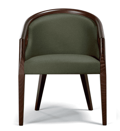 A modern armchair with a curved wooden frame and upholstered seat and back. The frame appears to be made of dark wood with a polished finish. The upholstery is a textured, olive-green fabric. The armchair has a distinctive open design in the backrest, formed by geometric wooden elements. — 3D model