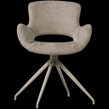 A modern upholstered swivel accent chair featuring a sculpted, bucket-style seat with integrated armrests. The chair is covered in a light, textured fabric and is supported by a four-leg splayed metal base finished in a matching light color. The design emphasizes comfort and contemporary aesthetics. — 3D model