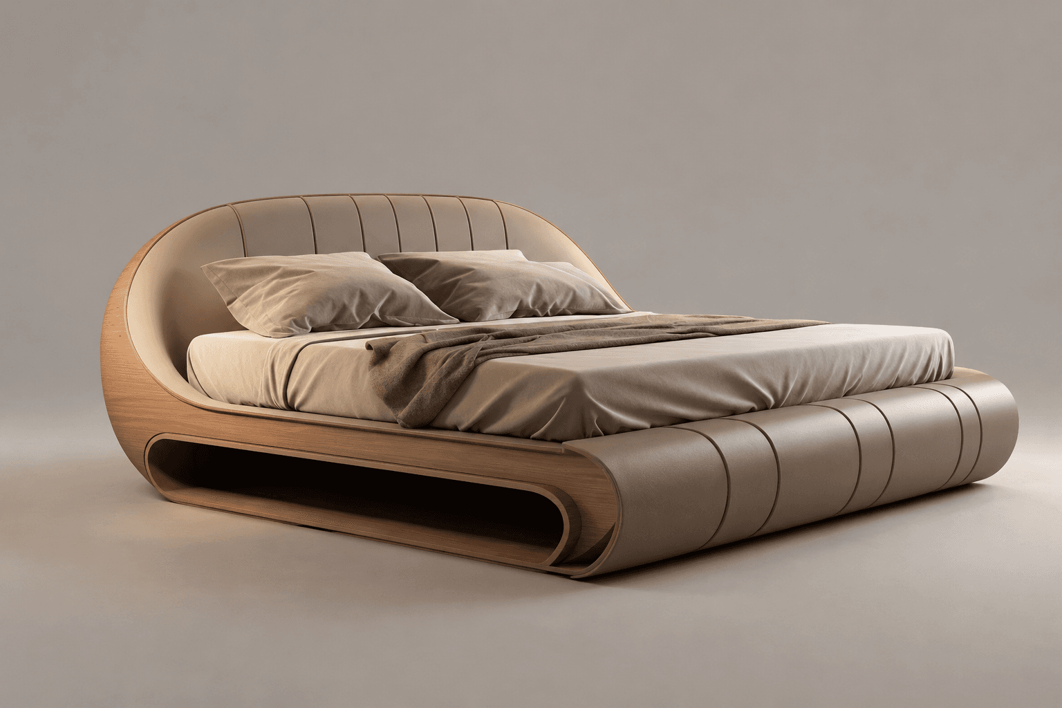 A contemporary platform bed featuring a distinctive curved wooden frame and upholstered sections. The headboard and footboard are integrated into the frame, with the headboard displaying vertical channel tufting. The bed base also includes a curved upholstered segment at the foot. The overall aesthetic is sleek and organic. — 3D model