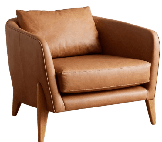 A single-seater armchair upholstered in tan-colored leather. It features a slightly curved backrest that flows into the armrests, a plush seat cushion, and a loose back cushion. The chair is supported by four angled wooden legs. — 3D model