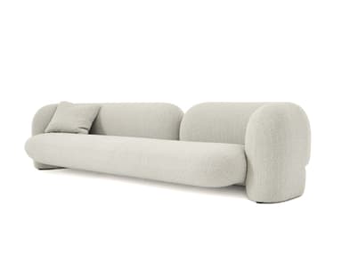A contemporary sofa characterized by its soft, rounded forms, upholstered in a light, textured boucle fabric, and featuring a single loose back cushion. — 3D model