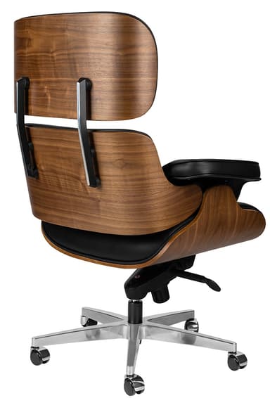 A high-back office chair featuring a tufted black leather seat, backrest, and armrests. The chair has a distinctive curved wooden shell visible on the sides and beneath the seat. It is supported by a five-star base with casters and a central pneumatic lift mechanism, indicating adjustability in height. — 3D model