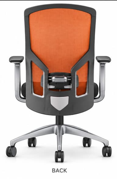 A modern ergonomic office chair featuring a vibrant orange mesh backrest, a padded black fabric seat, and adjustable armrests. It is supported by a silver-finished five-star base with casters for mobility. — 3D model