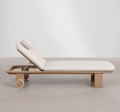A chaise lounge with a wooden frame and a padded, upholstered cushion. It features an adjustable backrest and a headrest. Two wheels are visible at the rear of the frame, suggesting mobility. — 3D model