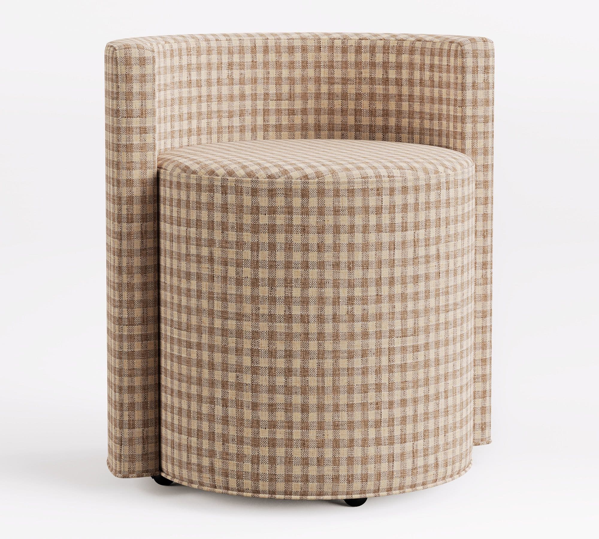 An upholstered swivel accent chair featuring a cylindrical seat and a high, curved backrest, entirely covered in a brown and beige checkered fabric, and resting on small casters for mobility. — 3D model